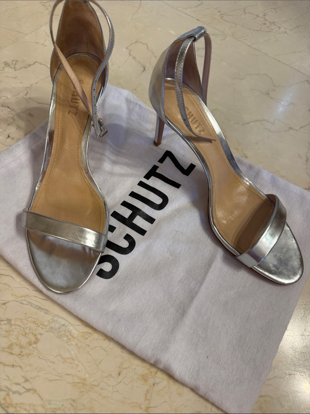 SCHUTZ Silver Metallic Open-Toe Stiletto Sandals